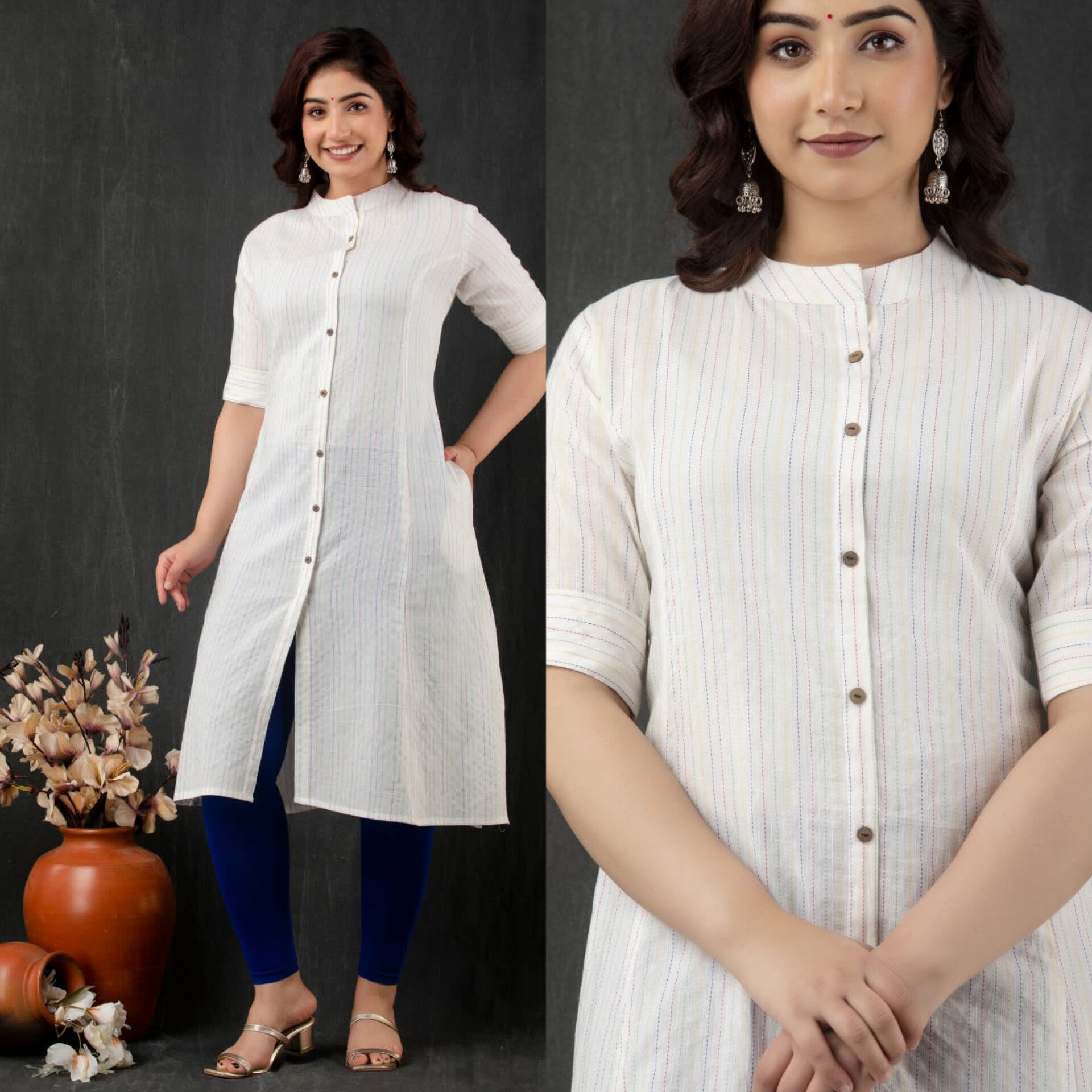 Off White 60S Cotton Kurti with Computer Embroidery